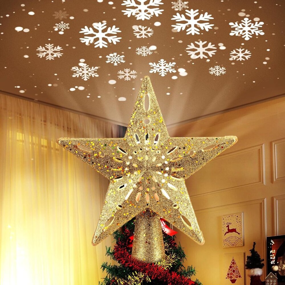 Christmas Star Tree Topper with Built-in Led Snowflake Projector Lights Hollowed